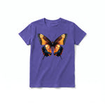 Un T-shirt violet à manches courtes et col rond pour jeune, orné d'un motif représentant un arthropode sur le devant.