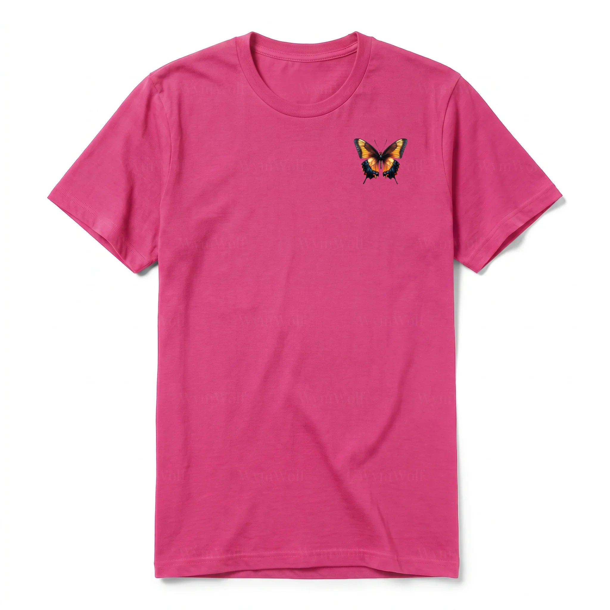 A raspberry short-sleeve crewneck t-shirt for adult featuring a graphic of a arthropods animal on the left chest.