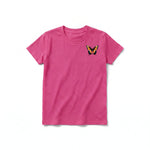 A raspberry short-sleeve crewneck t-shirt for youth featuring a graphic of a arthropods animal on the left chest.