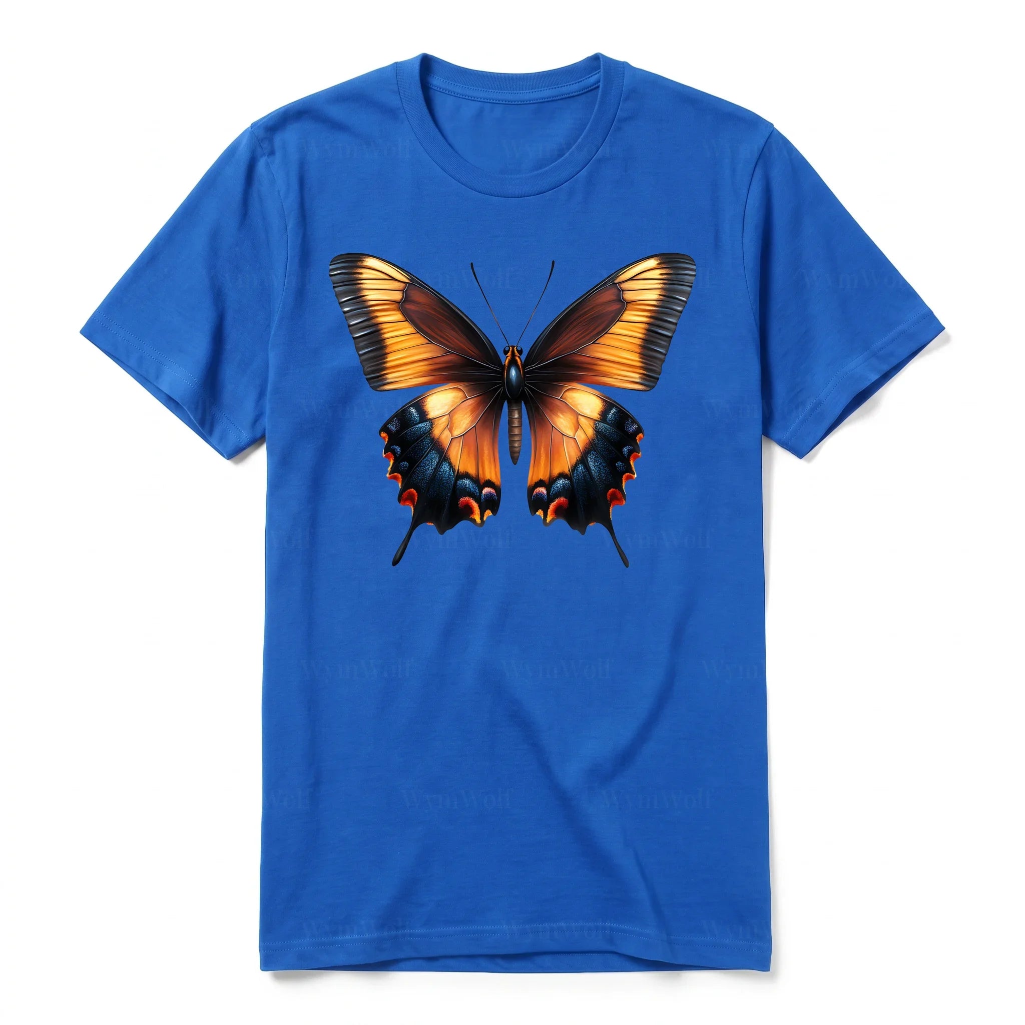 Un T-shirt royal à manches courtes et col rond, orné d'un motif représentant un arthropod sur le devant.