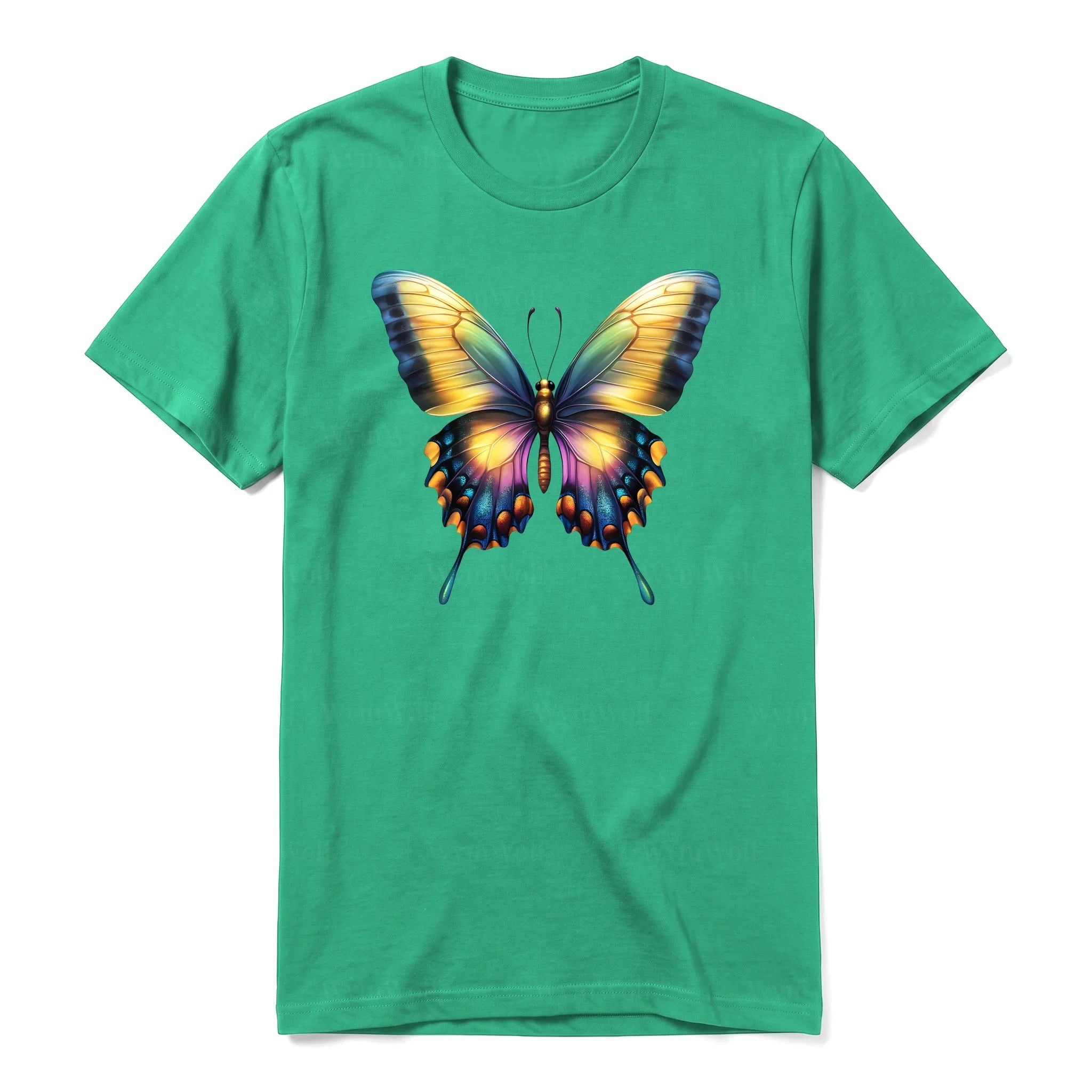 Un T-shirt kelly à manches courtes et col rond, orné d'un motif représentant un arthropod sur le devant.