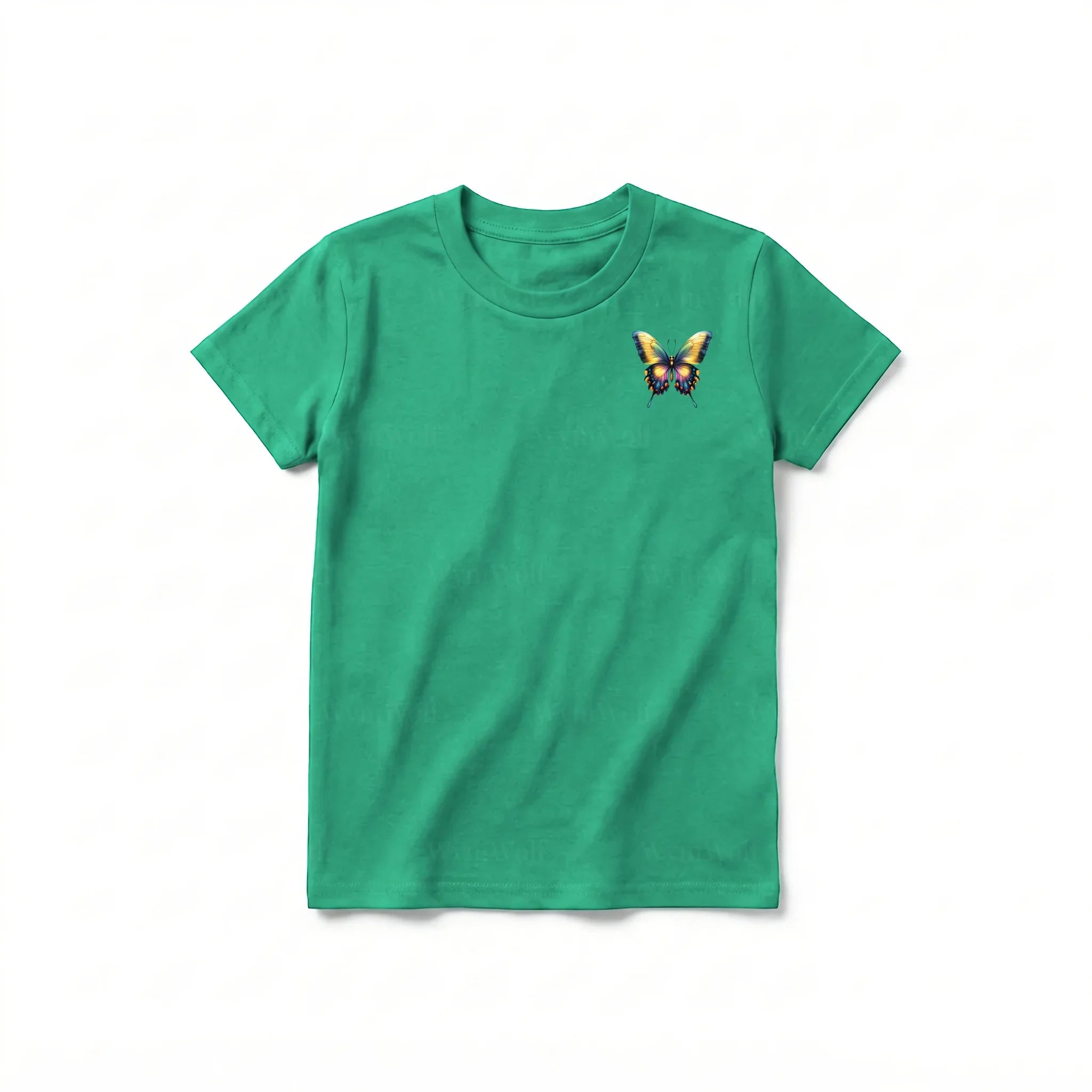 Un T-shirt kelly à manches courtes et col rond pour jeune, orné d'un motif représentant un arthropode sur la poitrine gauche.