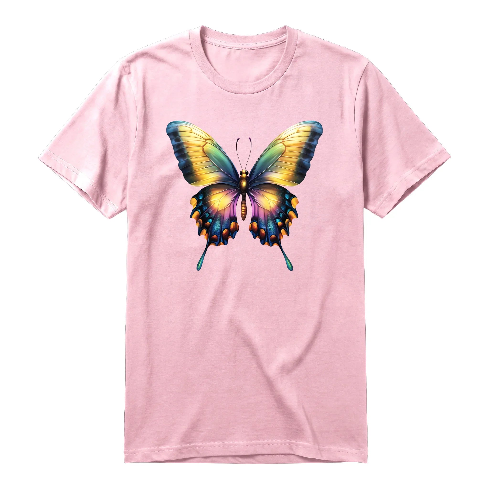 Un T-shirt rose à manches courtes et col rond, orné d'un motif représentant un arthropod sur le devant.