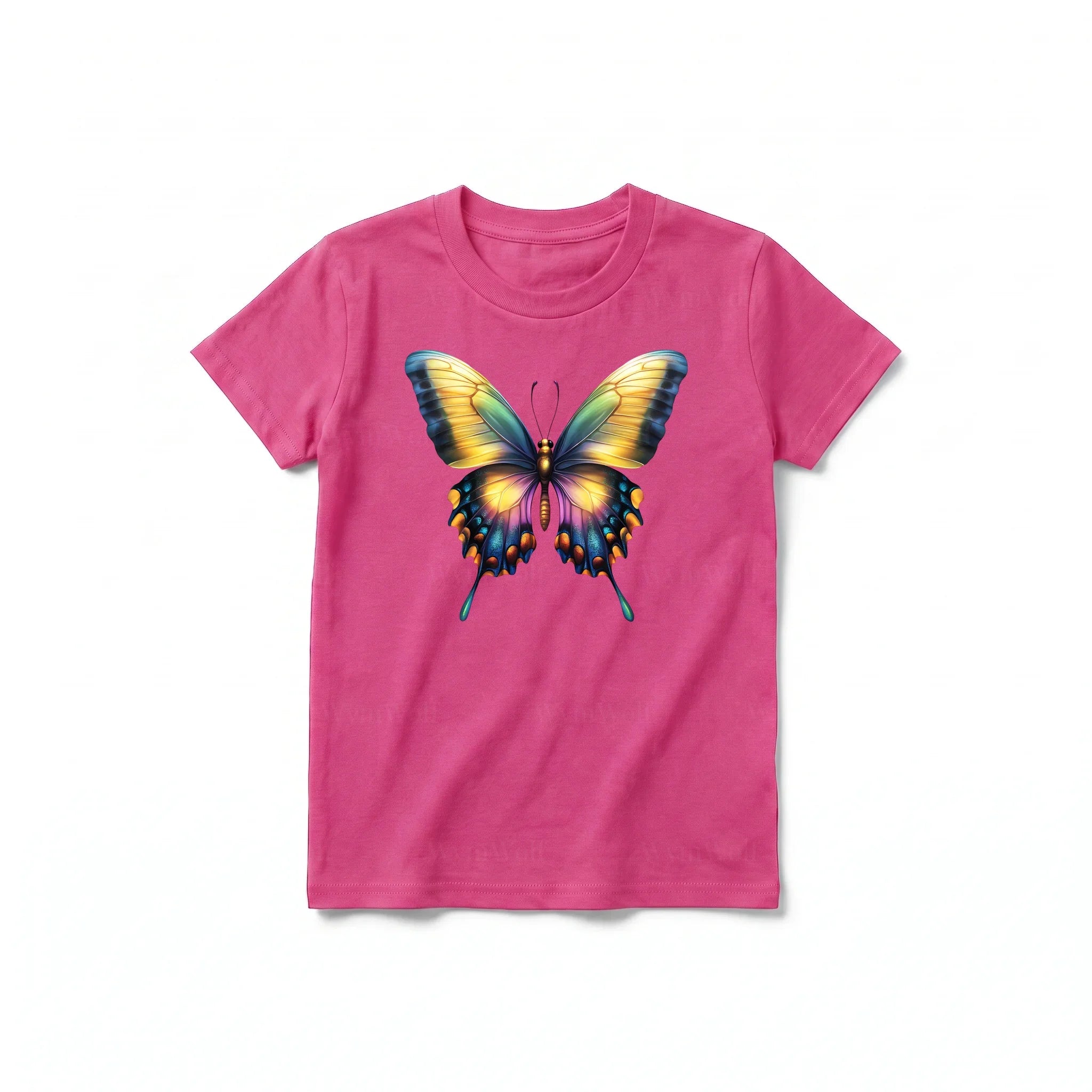 Un T-shirt framboise à manches courtes et col rond pour jeune, orné d'un motif représentant un arthropode sur le devant.