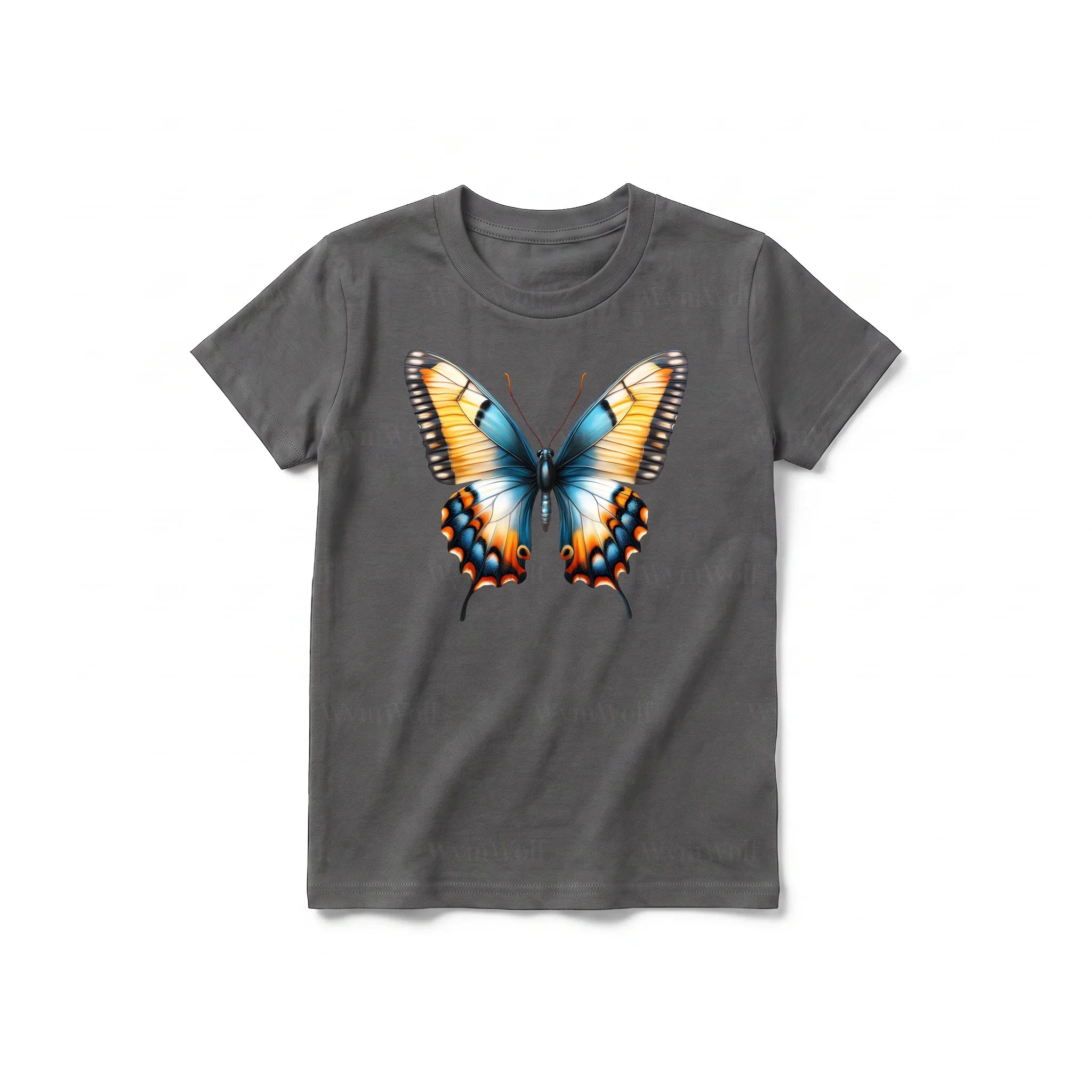 Un T-shirt charbon à manches courtes et col rond pour jeune, orné d'un motif représentant un arthropode sur le devant.
