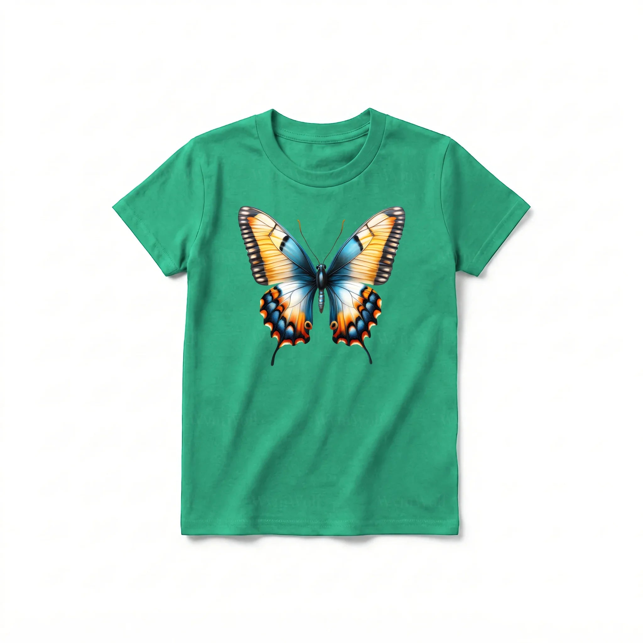 Un T-shirt kelly à manches courtes et col rond pour jeune, orné d'un motif représentant un arthropode sur le devant.