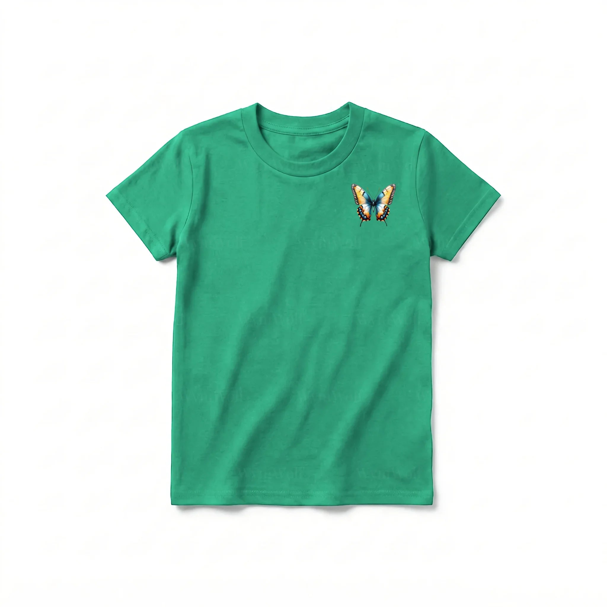 Un T-shirt kelly à manches courtes et col rond pour jeune, orné d'un motif représentant un arthropode sur la poitrine gauche.