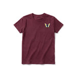 A maroon short-sleeve crewneck t-shirt for youth featuring a graphic of a arthropods animal on the left chest.