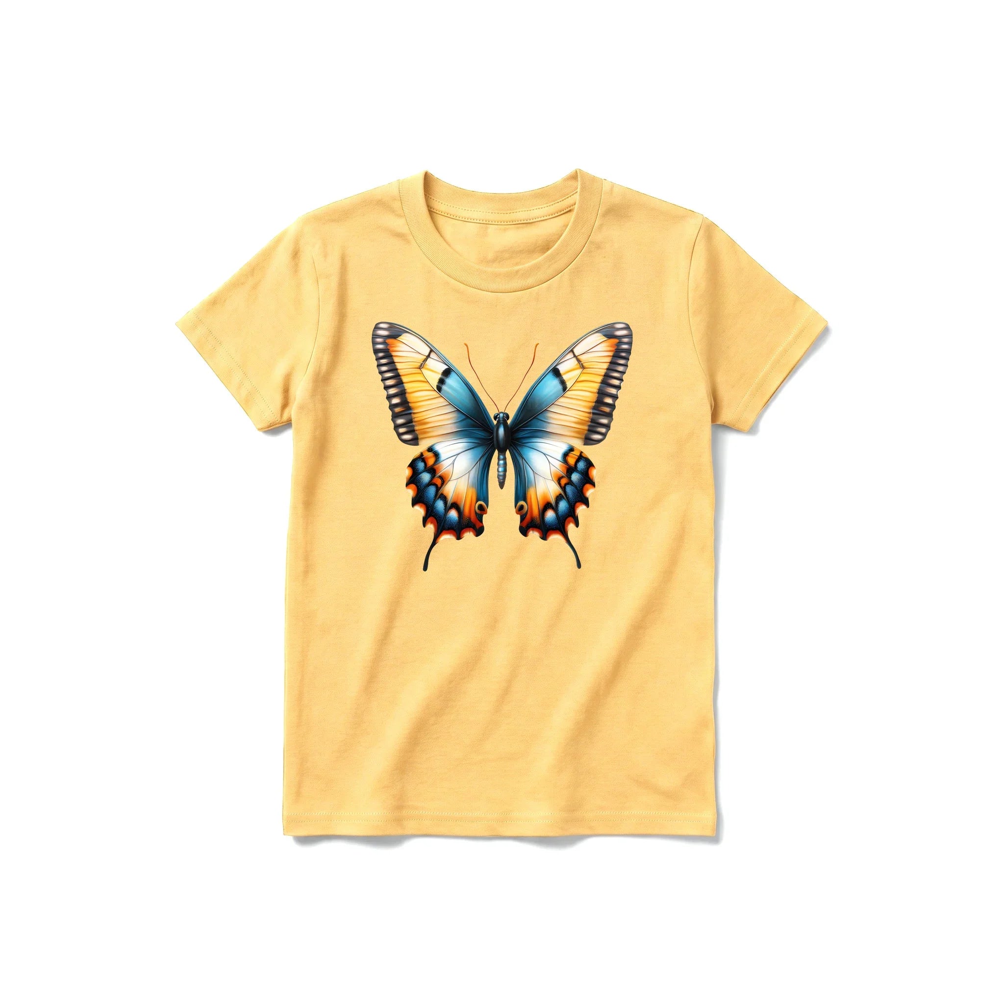 Un T-shirt moutarde à manches courtes et col rond pour jeune, orné d'un motif représentant un arthropode sur le devant.