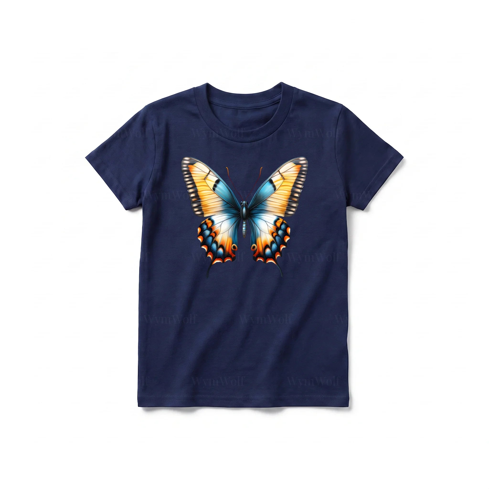 Un T-shirt marine à manches courtes et col rond pour jeune, orné d'un motif représentant un arthropode sur le devant.