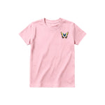 A pink short-sleeve crewneck t-shirt for youth featuring a graphic of a arthropods animal on the left chest.