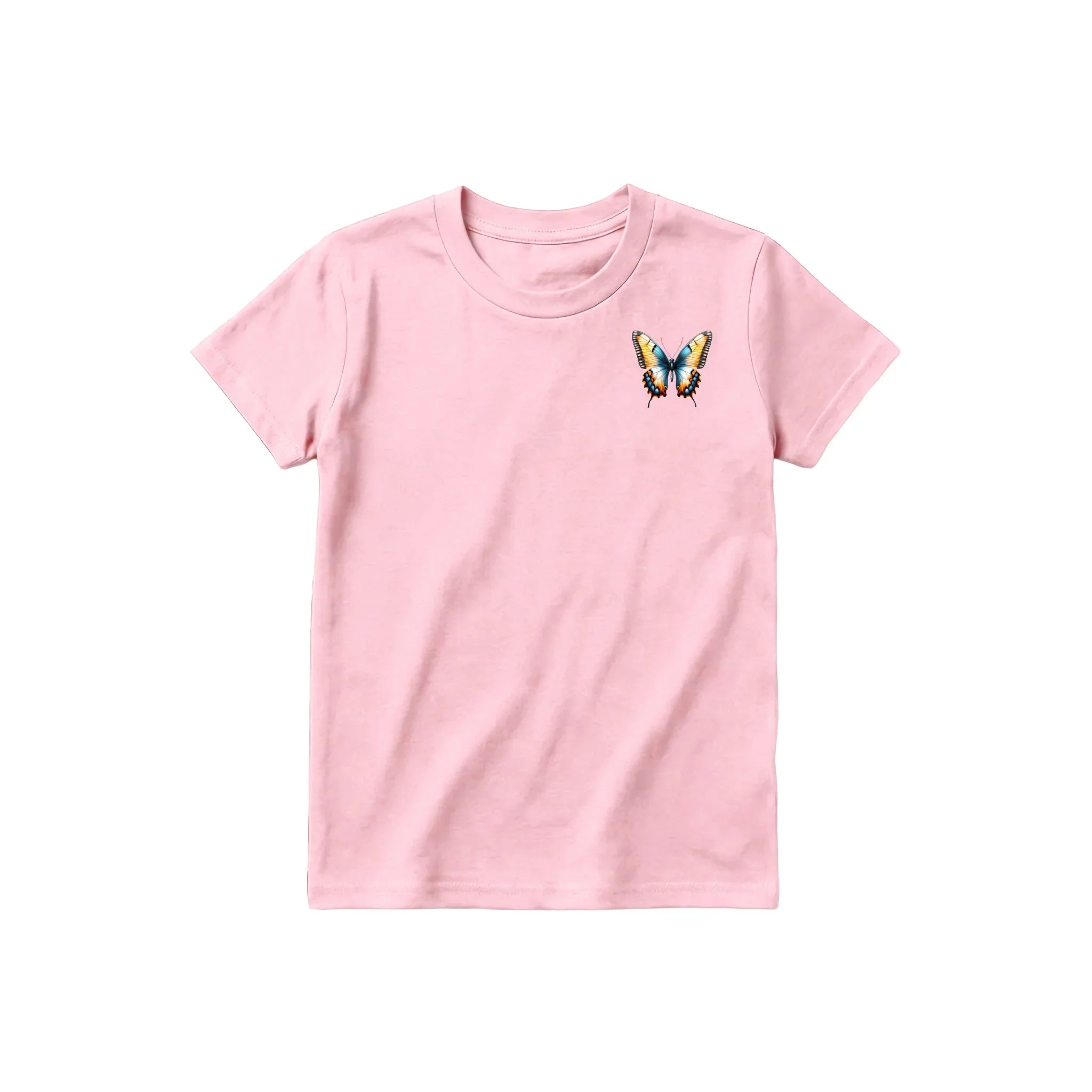 A pink short-sleeve crewneck t-shirt for youth featuring a graphic of a arthropods animal on the left chest.