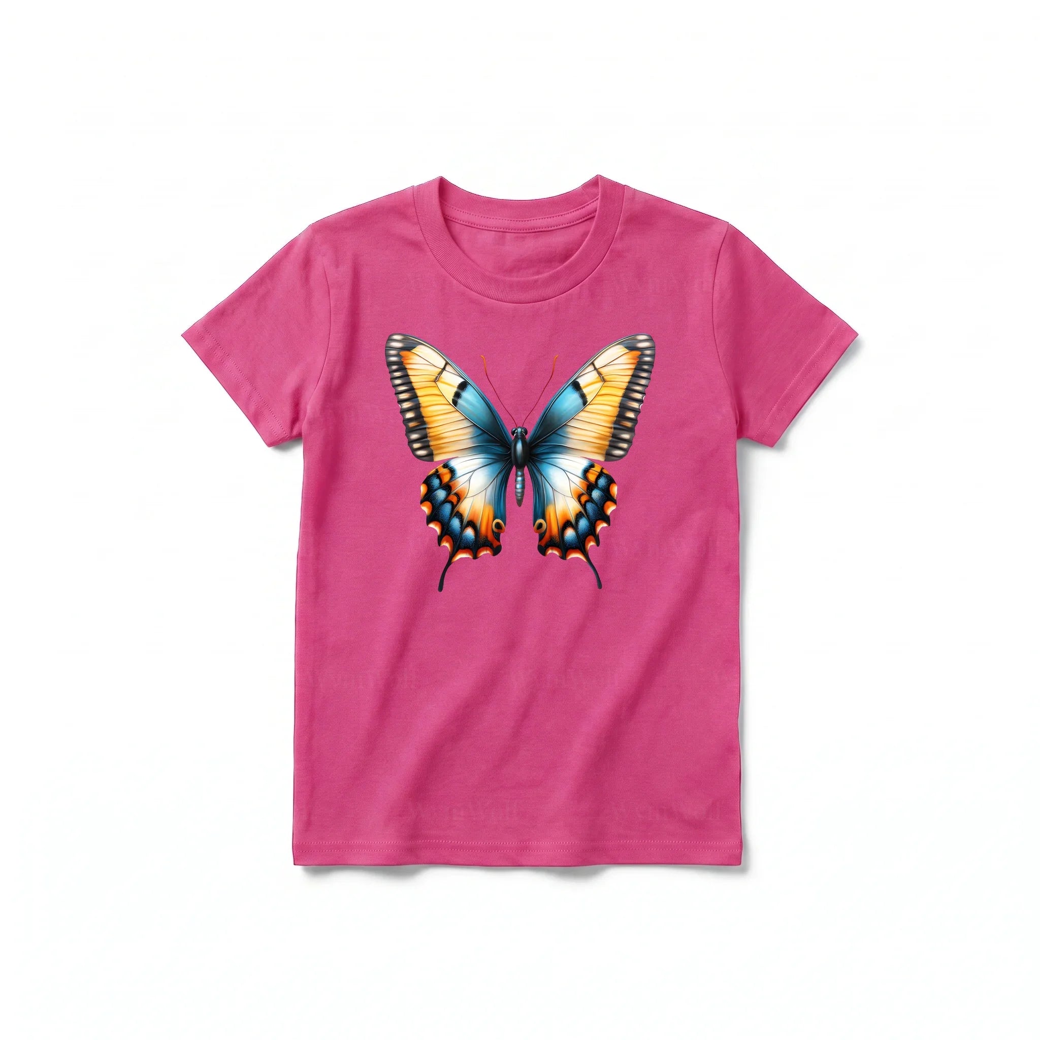 Un T-shirt framboise à manches courtes et col rond pour jeune, orné d'un motif représentant un arthropode sur le devant.
