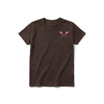 A chocolate short-sleeve crewneck t-shirt for youth featuring a graphic of a arthropods animal on the left chest.