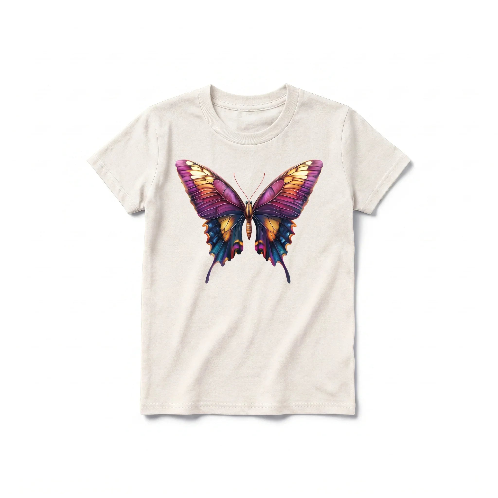 Un T-shirt blanc vintage à manches courtes et col rond pour jeune, orné d'un motif représentant un arthropode sur le devant.