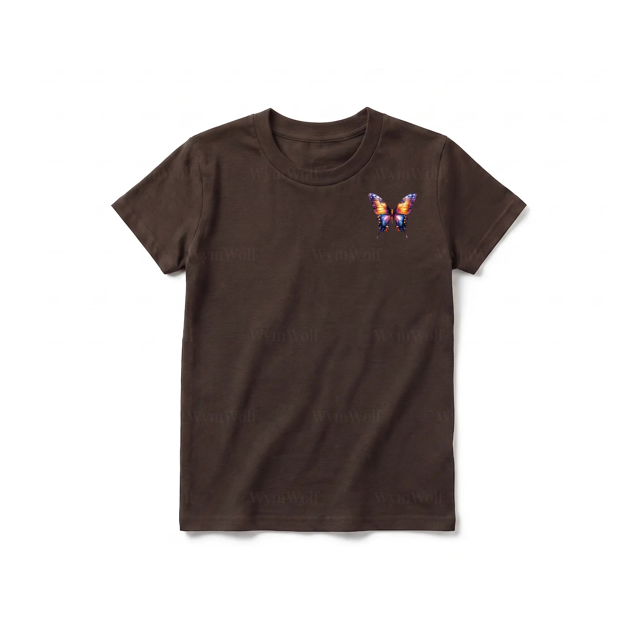 Un T-shirt chocolat à manches courtes et col rond pour jeune, orné d'un motif représentant un arthropode sur la poitrine gauche.