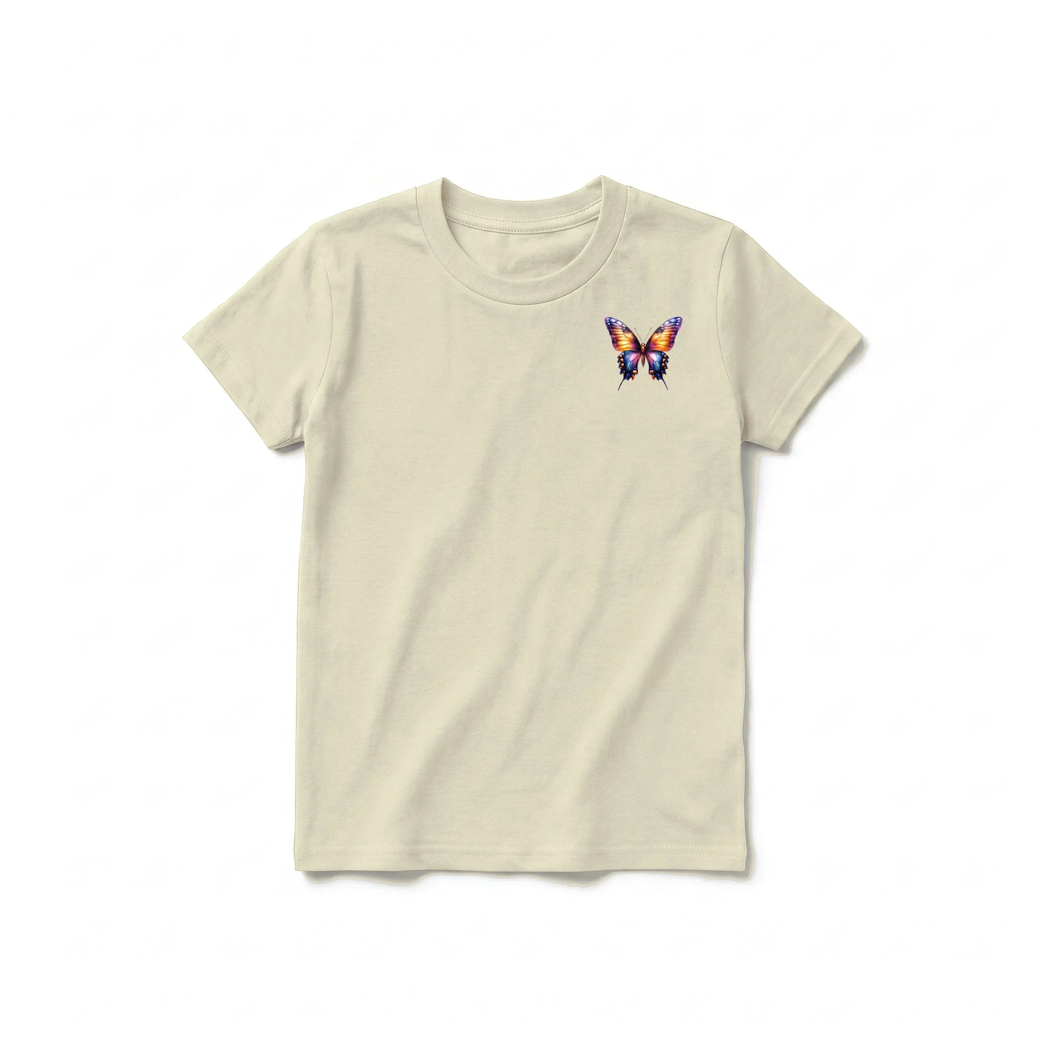 Un T-shirt latte à manches courtes et col rond pour jeune, orné d'un motif représentant un arthropode sur la poitrine gauche.
