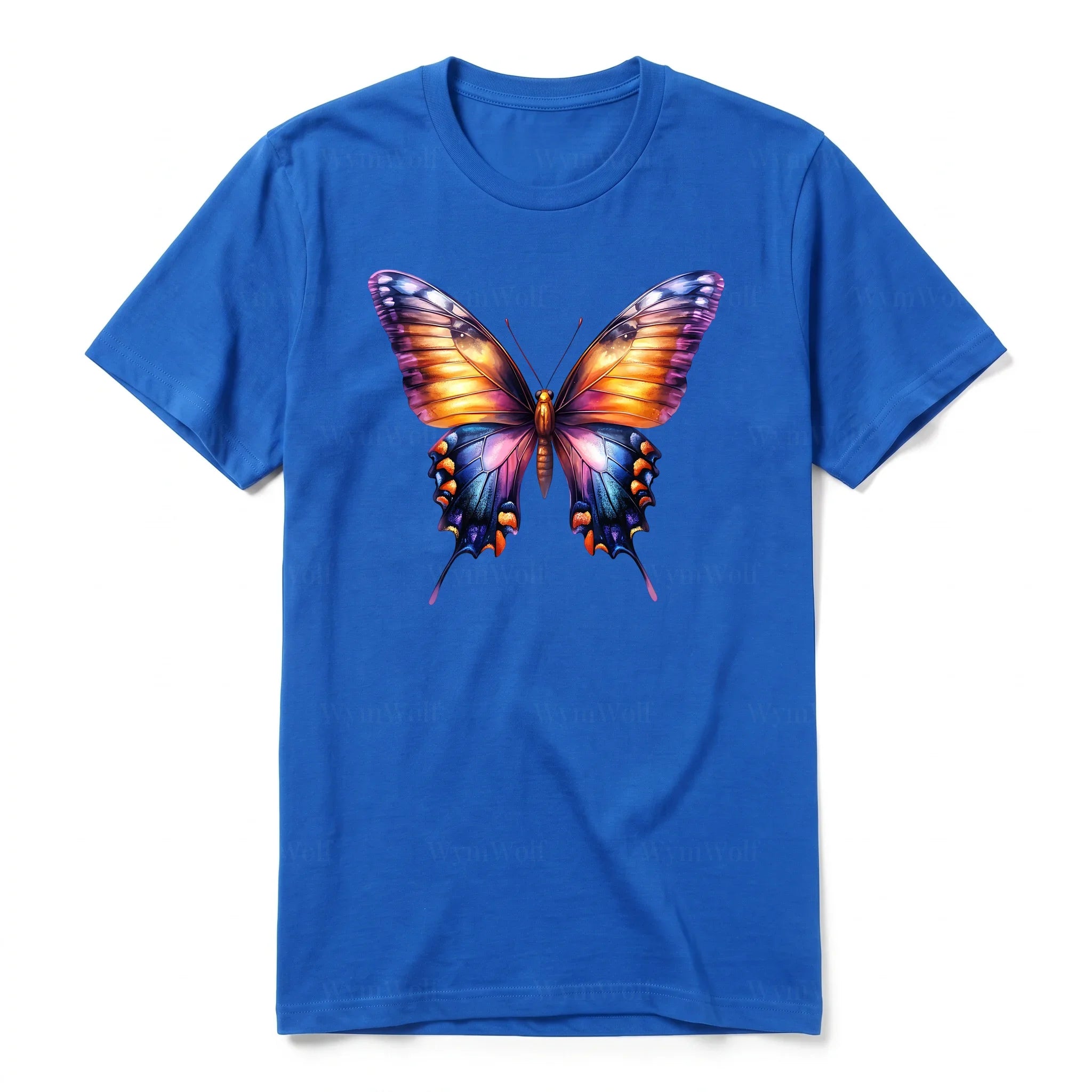 Un T-shirt royal à manches courtes et col rond, orné d'un motif représentant un arthropod sur le devant.