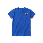Un T-shirt royal à manches courtes et col rond pour jeune, orné d'un motif représentant un arthropode sur la poitrine gauche.