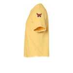 A mustard short-sleeve crewneck t-shirt  featuring a small graphic of a arthropods animal on the upper left sleeve.