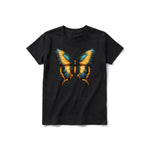 Un T-shirt noir à manches courtes et col rond pour jeune, orné d'un motif représentant un arthropode sur le devant.