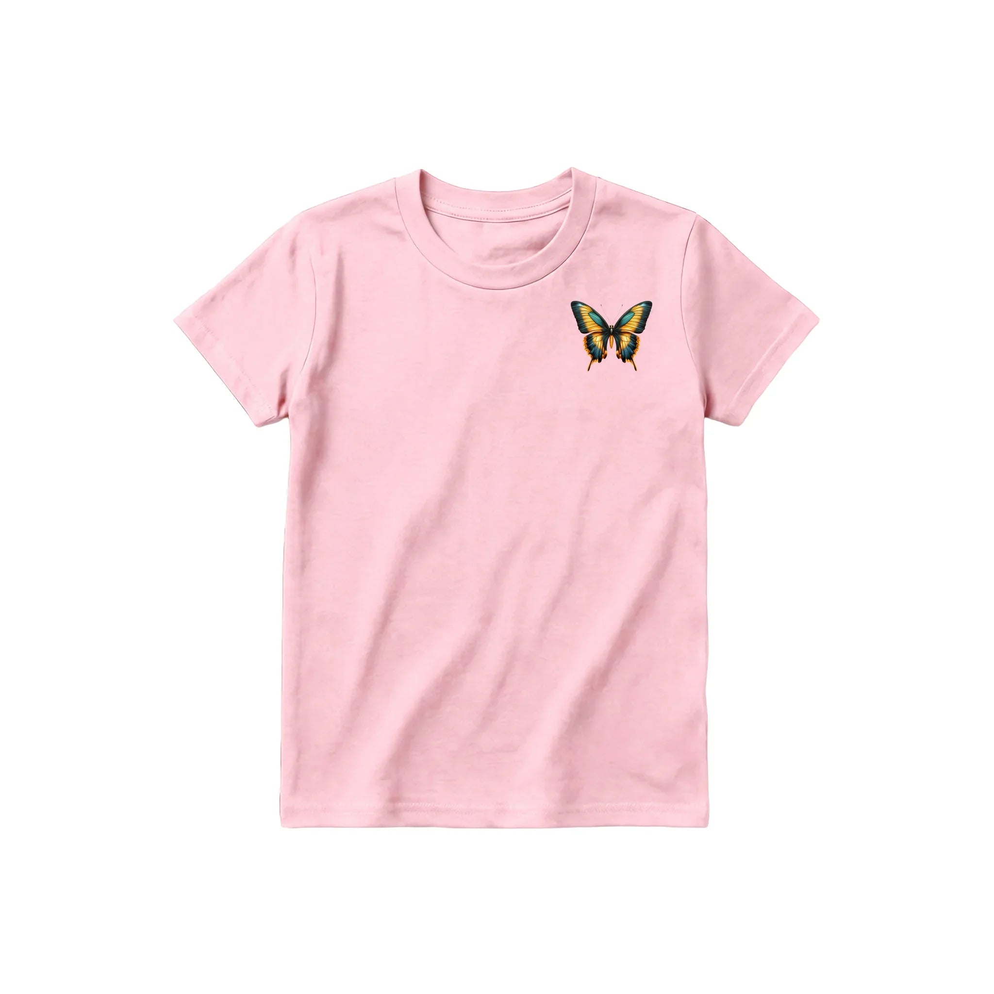 Un T-shirt rose à manches courtes et col rond pour jeune, orné d'un motif représentant un arthropode sur la poitrine gauche.