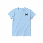 Un T-shirt poudre à manches courtes et col rond pour jeune, orné d'un motif représentant un arthropode sur la poitrine gauche.