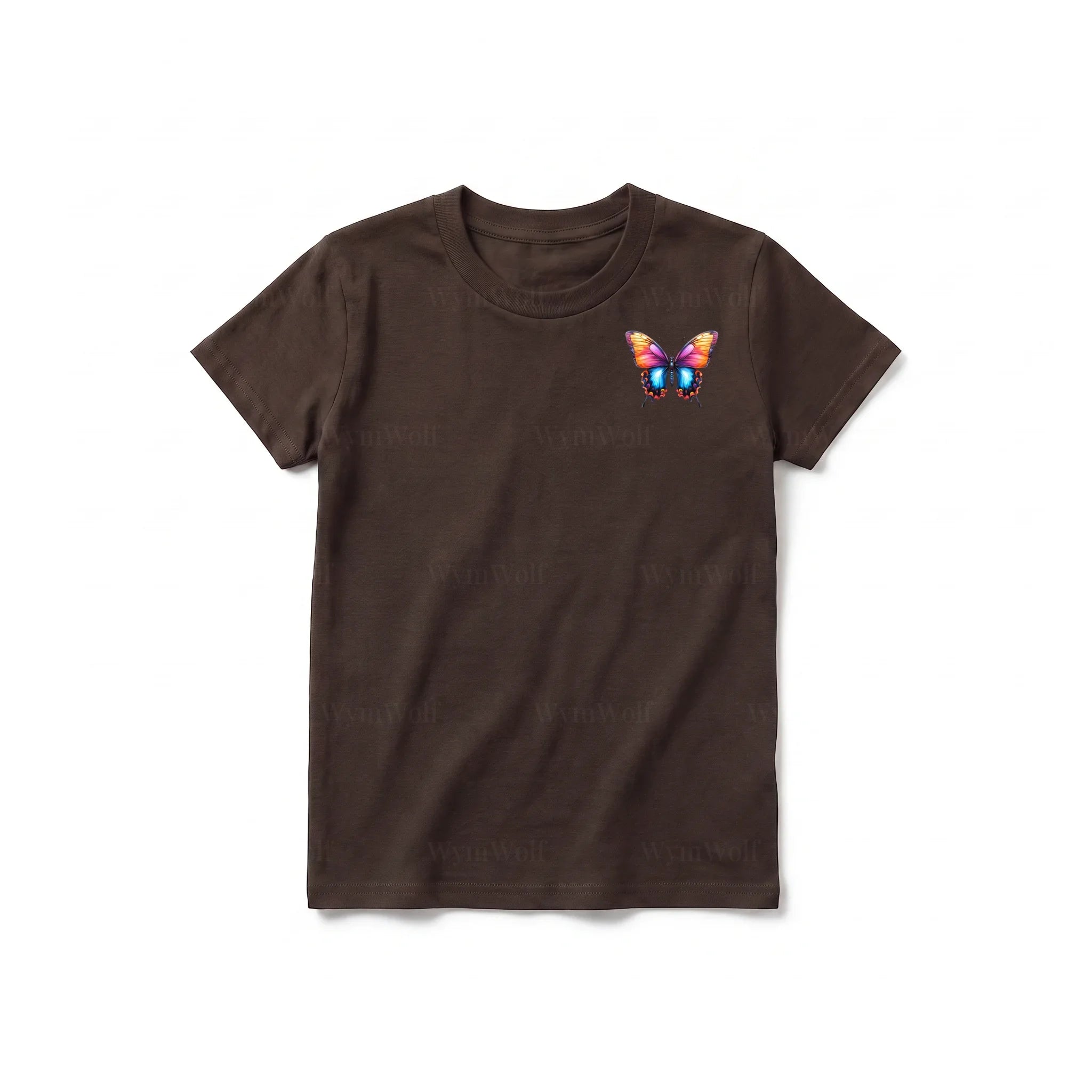 Un T-shirt chocolat à manches courtes et col rond pour jeune, orné d'un motif représentant un arthropode sur la poitrine gauche.
