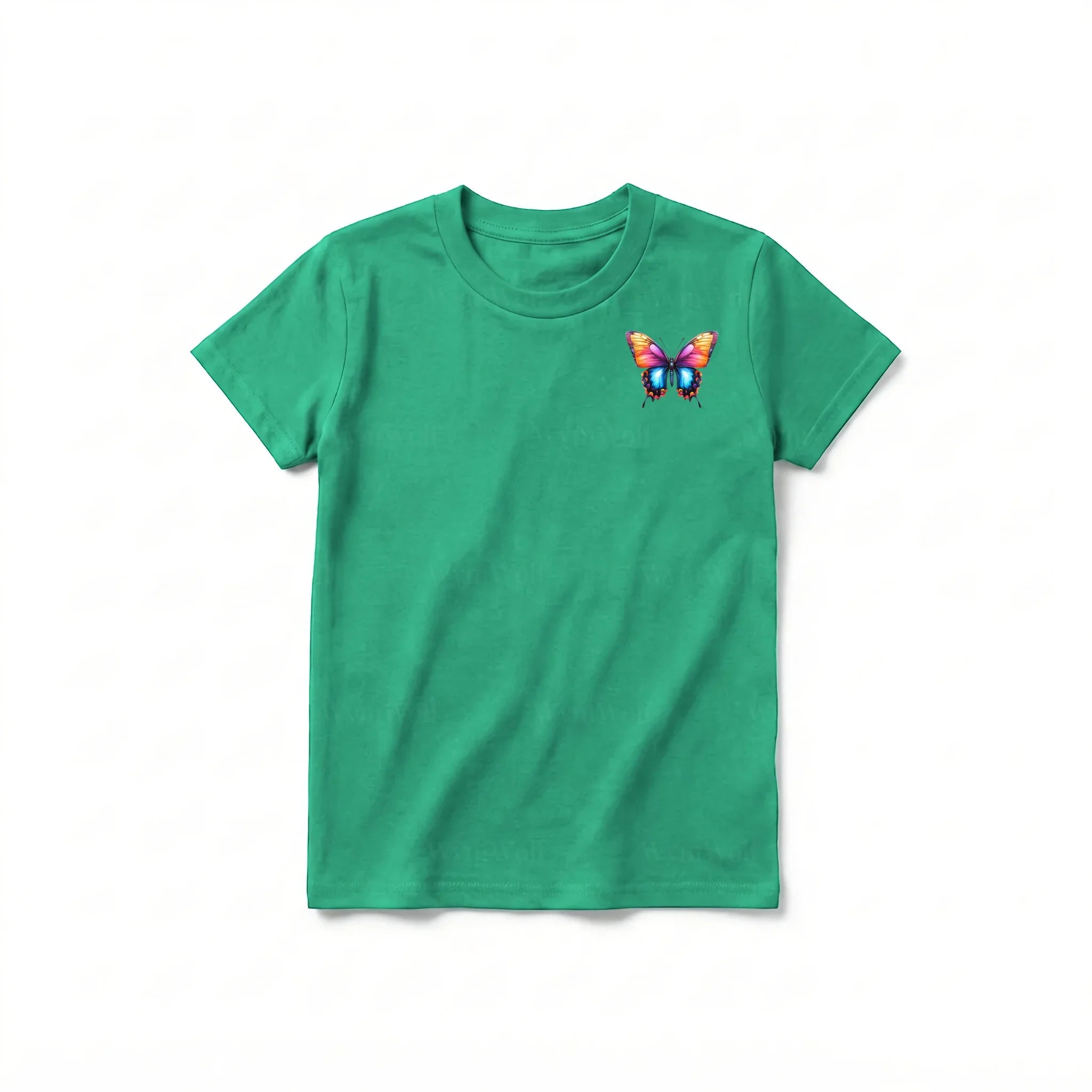 Un T-shirt kelly à manches courtes et col rond pour jeune, orné d'un motif représentant un arthropode sur la poitrine gauche.