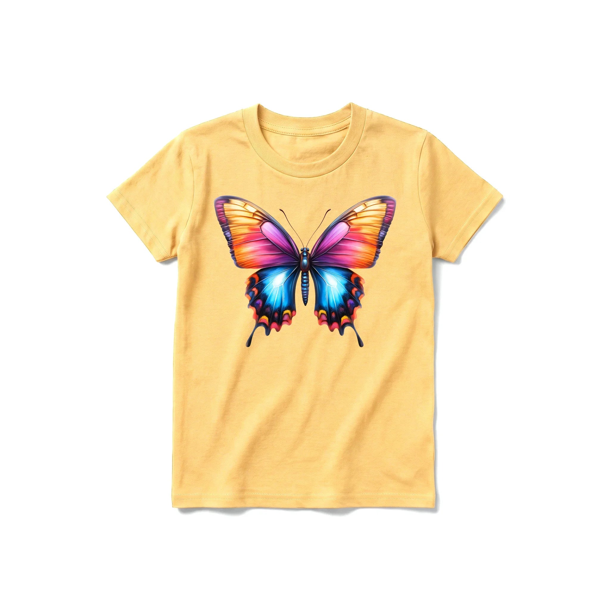 Un T-shirt moutarde à manches courtes et col rond pour jeune, orné d'un motif représentant un arthropode sur le devant.