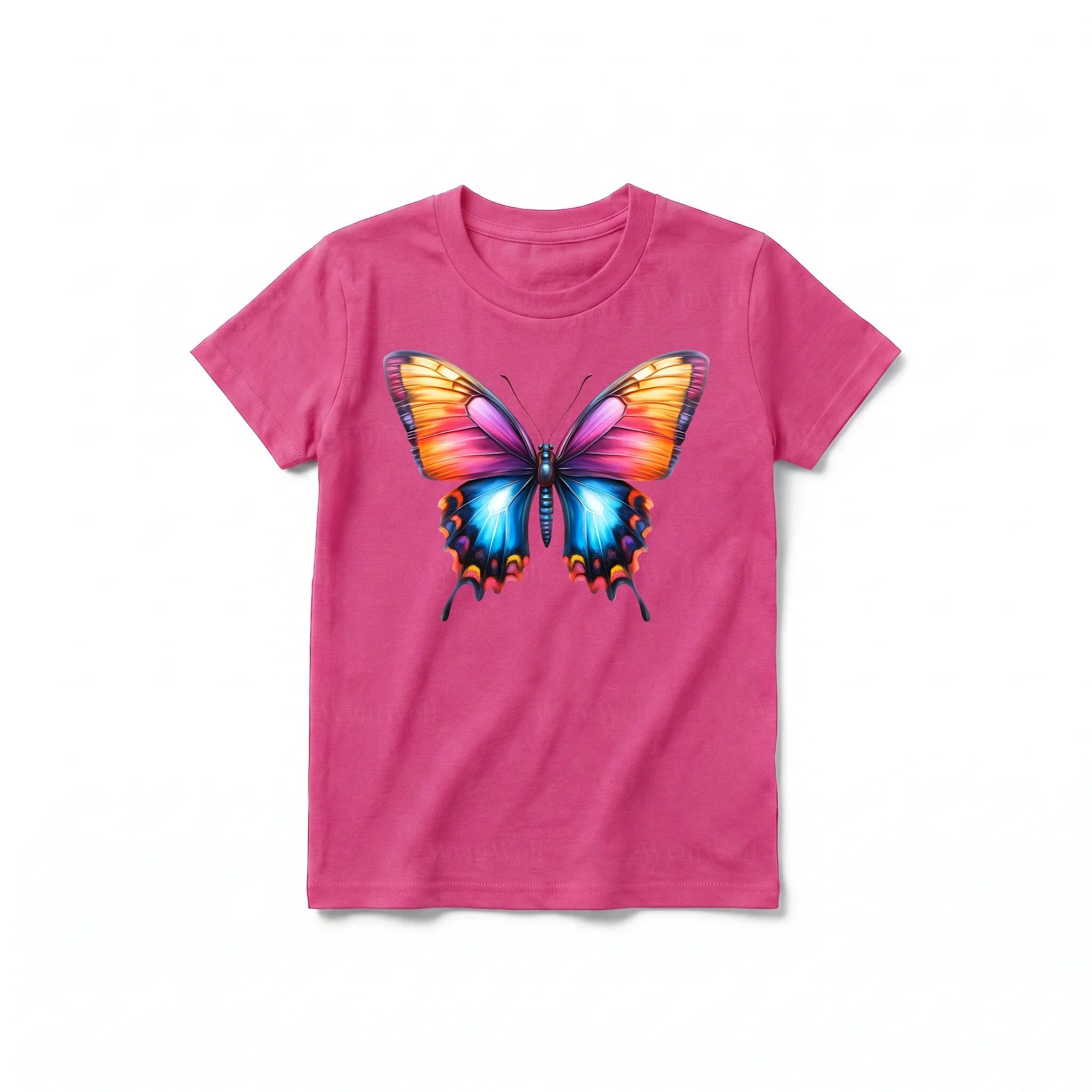 Un T-shirt framboise à manches courtes et col rond pour jeune, orné d'un motif représentant un arthropode sur le devant.