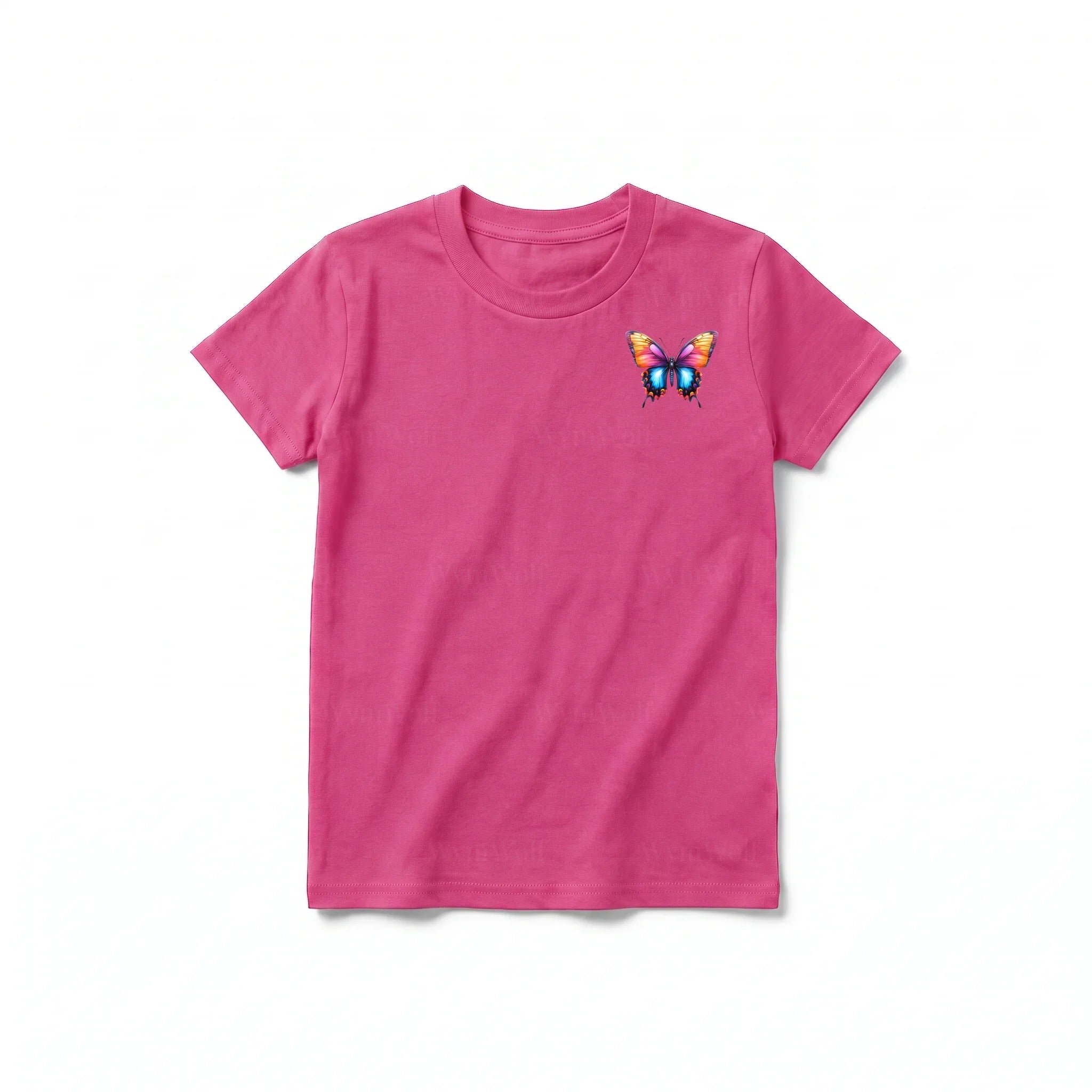 Un T-shirt framboise à manches courtes et col rond pour jeune, orné d'un motif représentant un arthropode sur la poitrine gauche.