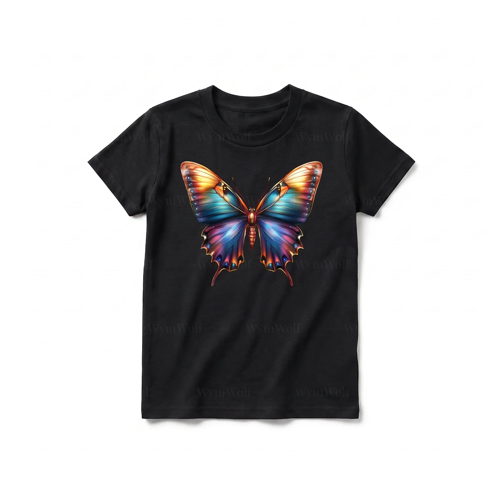 Un T-shirt noir à manches courtes et col rond pour jeune, orné d'un motif représentant un arthropode sur le devant.
