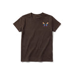 A chocolate short-sleeve crewneck t-shirt for youth featuring a graphic of a arthropods animal on the left chest.
