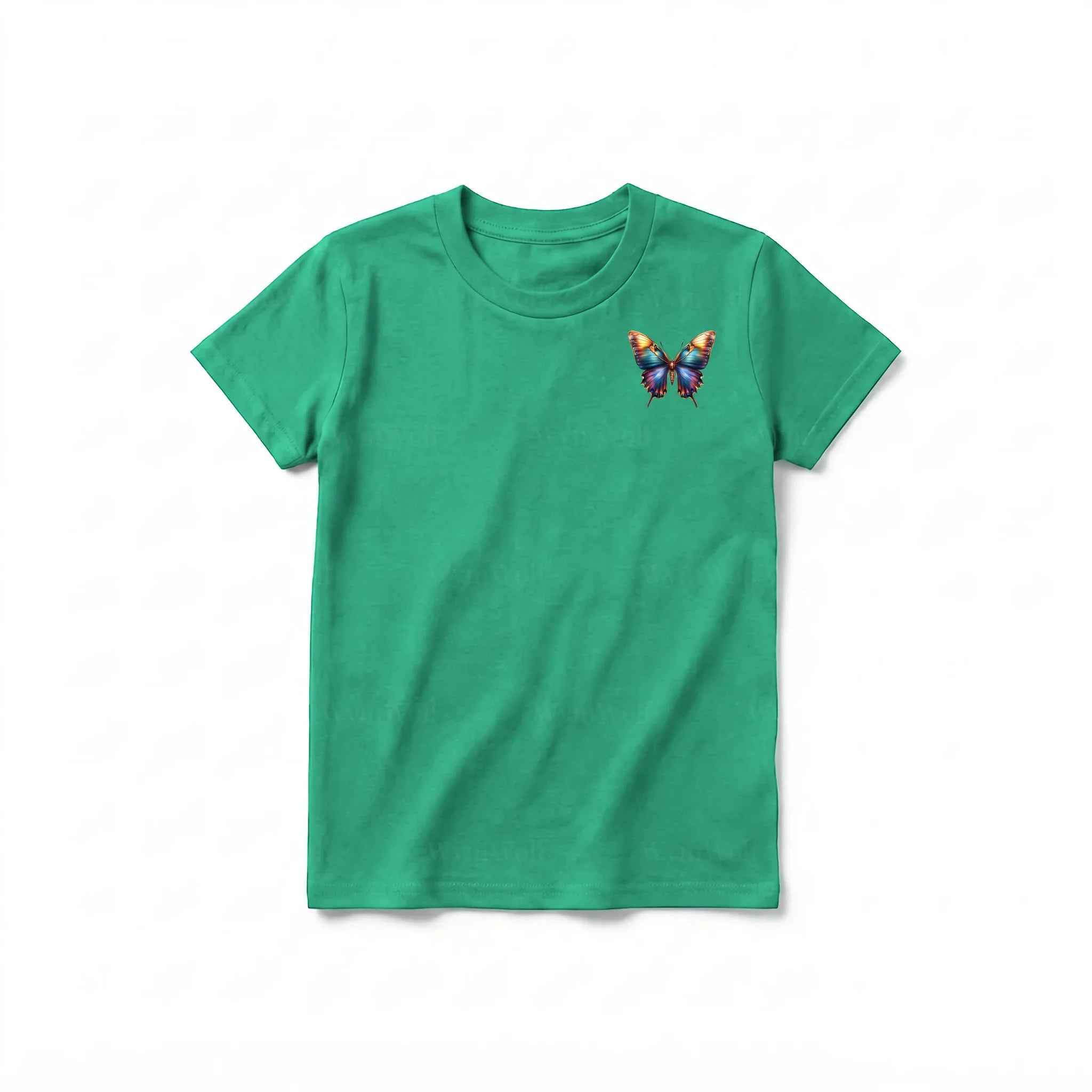 Un T-shirt kelly à manches courtes et col rond pour jeune, orné d'un motif représentant un arthropode sur la poitrine gauche.