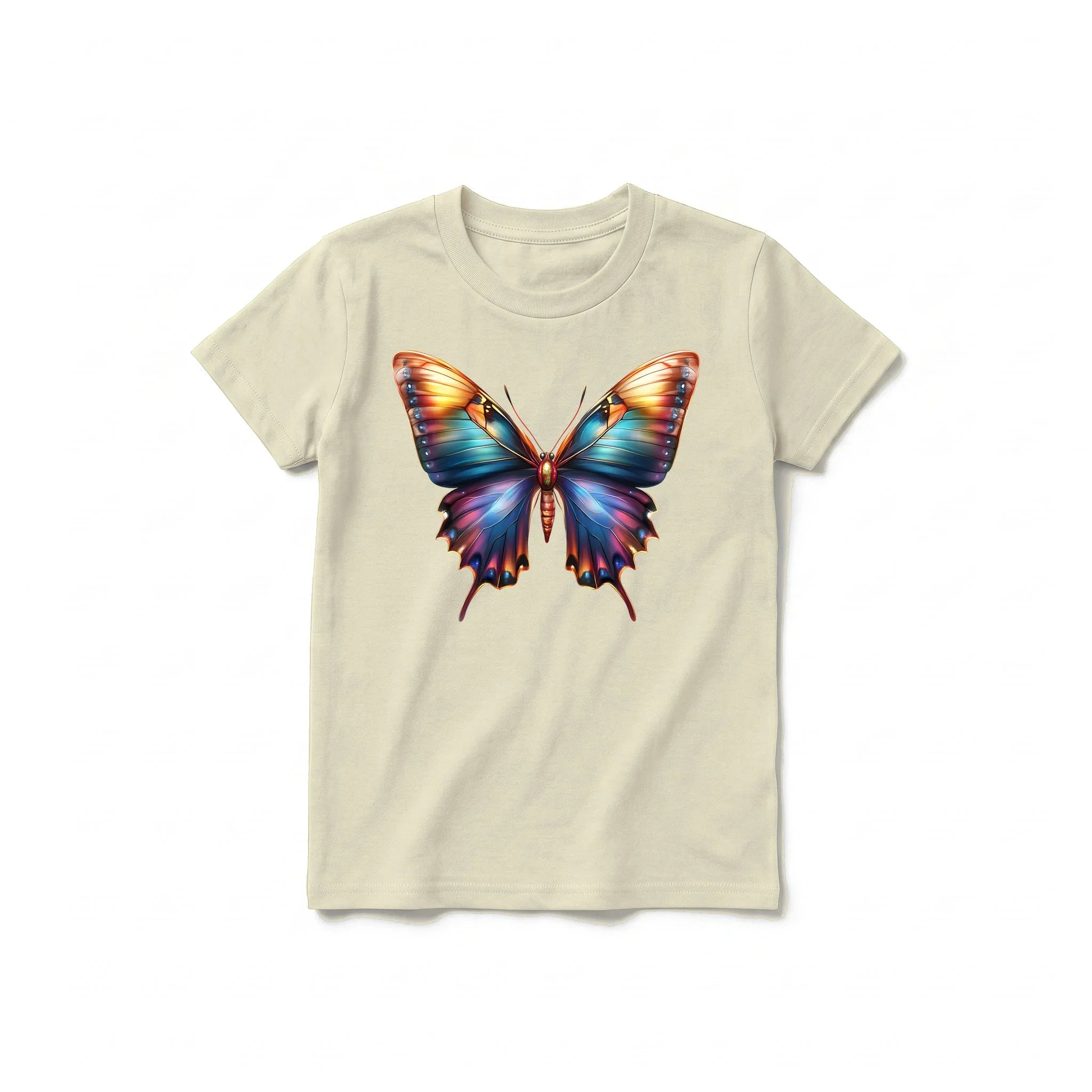 Un T-shirt latte à manches courtes et col rond pour jeune, orné d'un motif représentant un arthropode sur le devant.