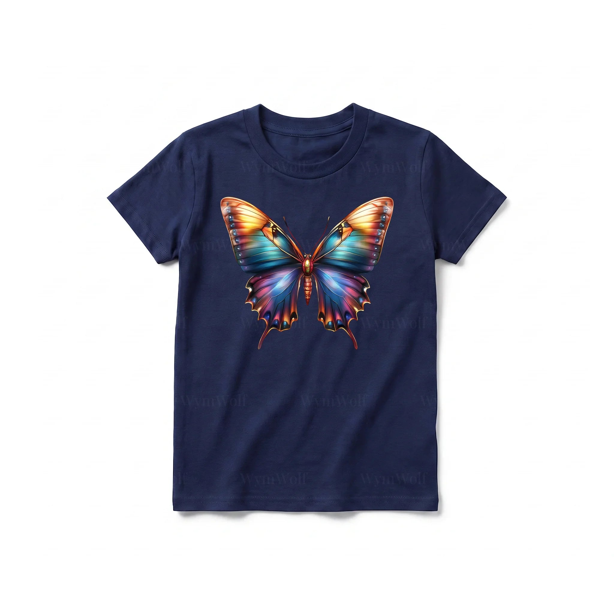 Un T-shirt marine à manches courtes et col rond pour jeune, orné d'un motif représentant un arthropode sur le devant.