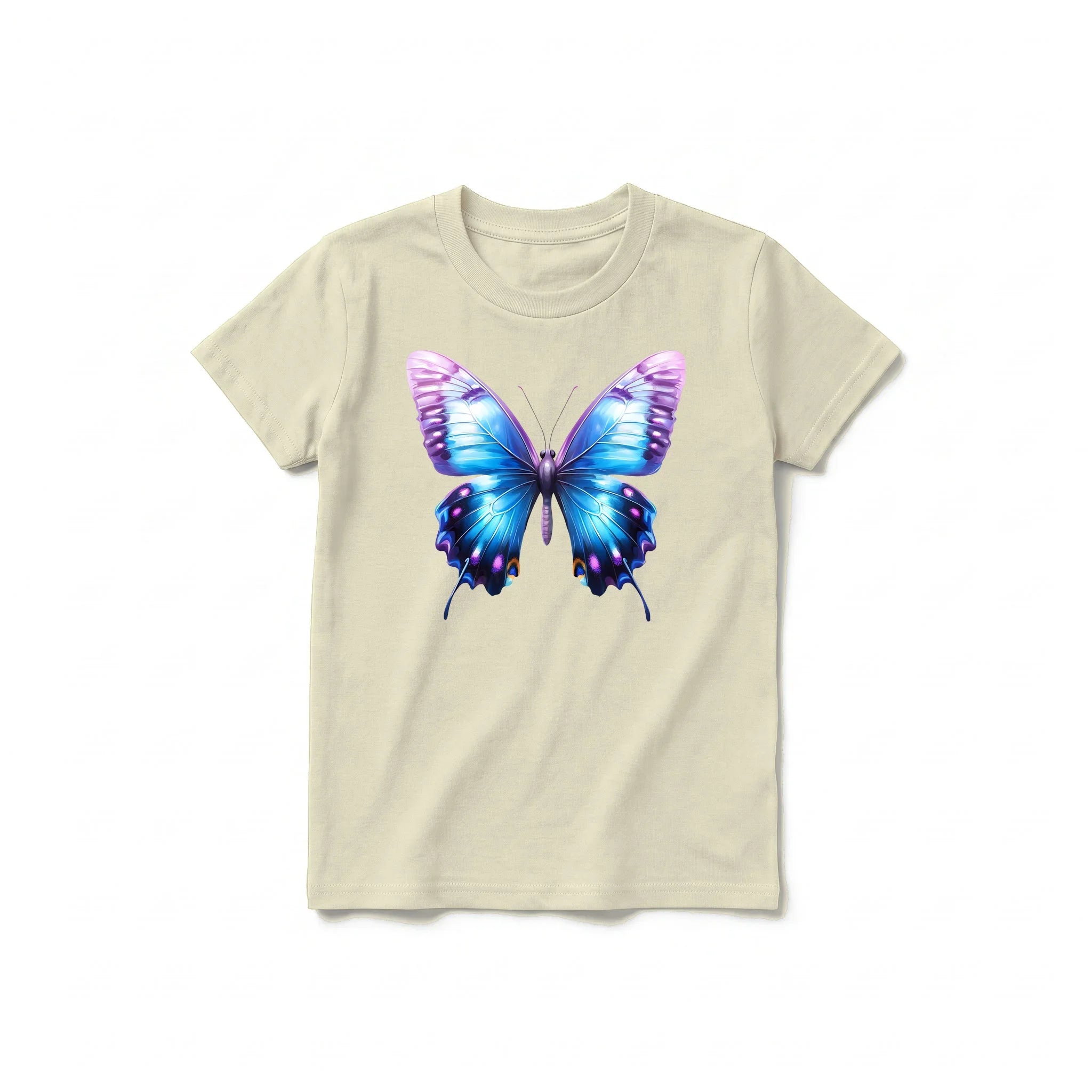 Un T-shirt latte à manches courtes et col rond pour jeune, orné d'un motif représentant un arthropode sur le devant.