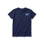 A navy short-sleeve crewneck t-shirt for youth featuring a graphic of a arthropods animal on the left chest.