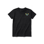 A black short-sleeve crewneck t-shirt for youth featuring a graphic of a arthropods animal on the left chest.