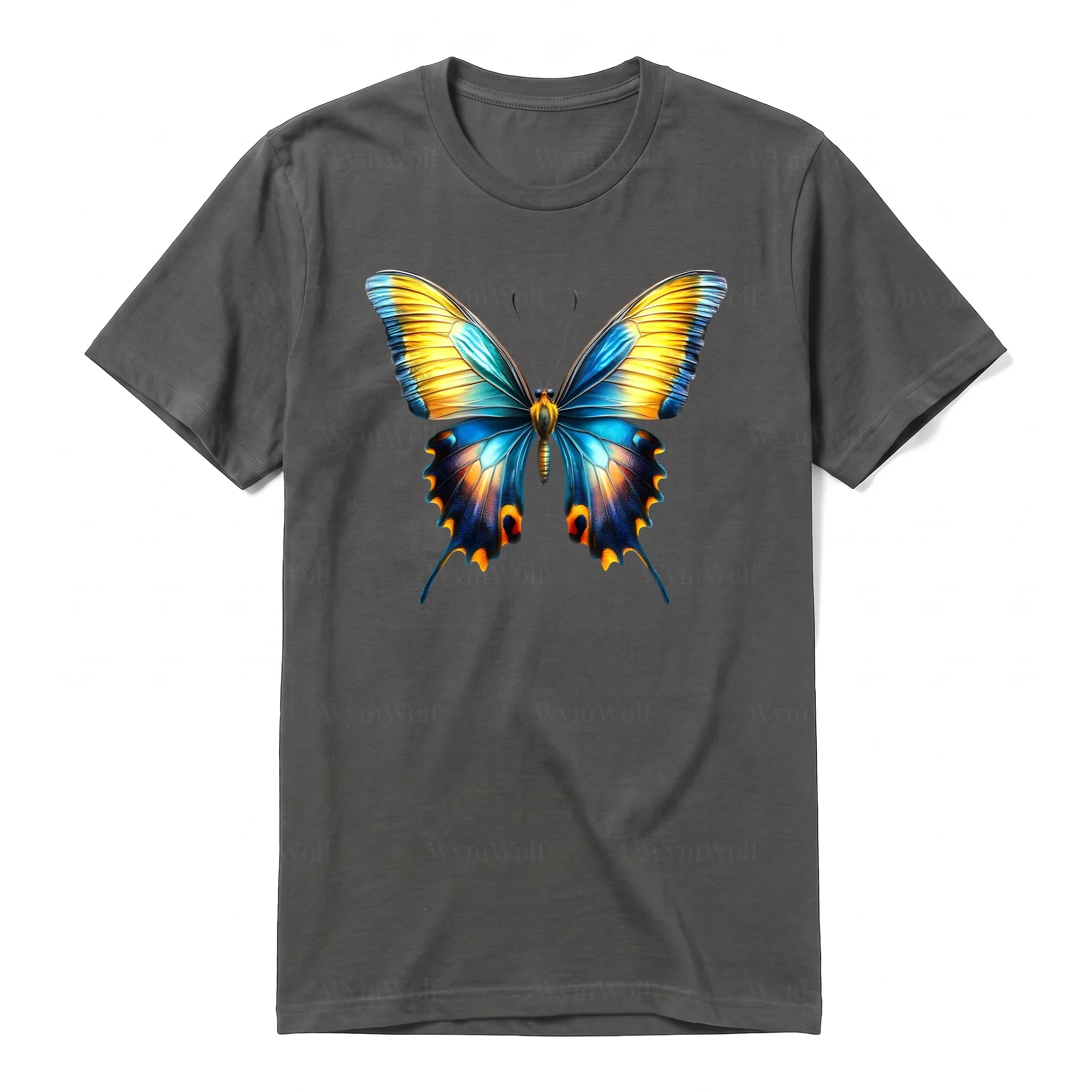 Un T-shirt charbon à manches courtes et col rond, orné d'un motif représentant un arthropod sur le devant.