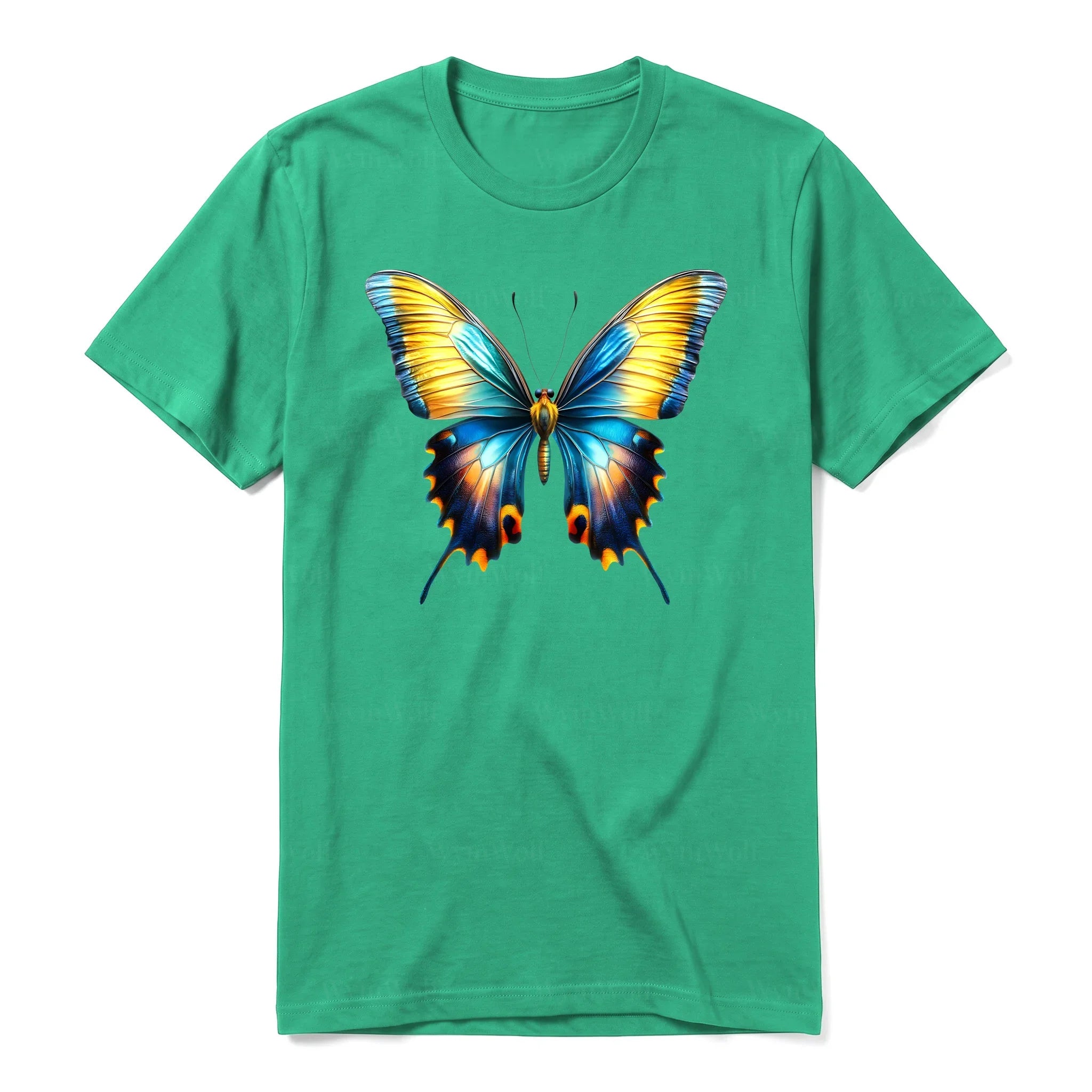 Un T-shirt kelly à manches courtes et col rond, orné d'un motif représentant un arthropod sur le devant.