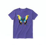 Un T-shirt violet à manches courtes et col rond pour jeune, orné d'un motif représentant un arthropode sur le devant.