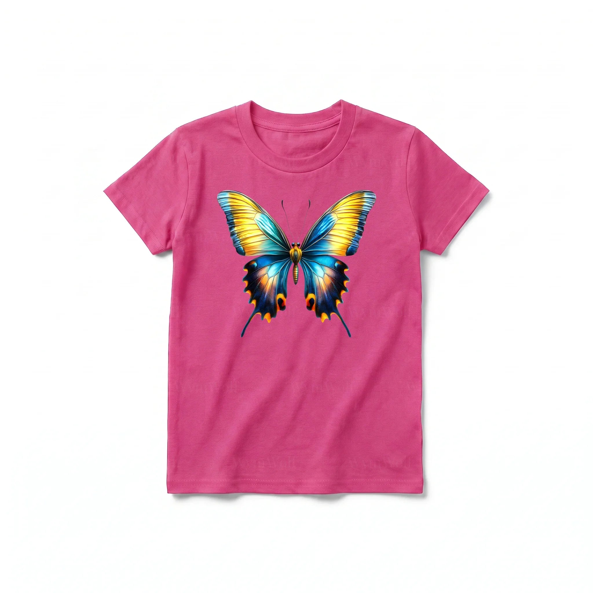 Un T-shirt framboise à manches courtes et col rond pour jeune, orné d'un motif représentant un arthropode sur le devant.