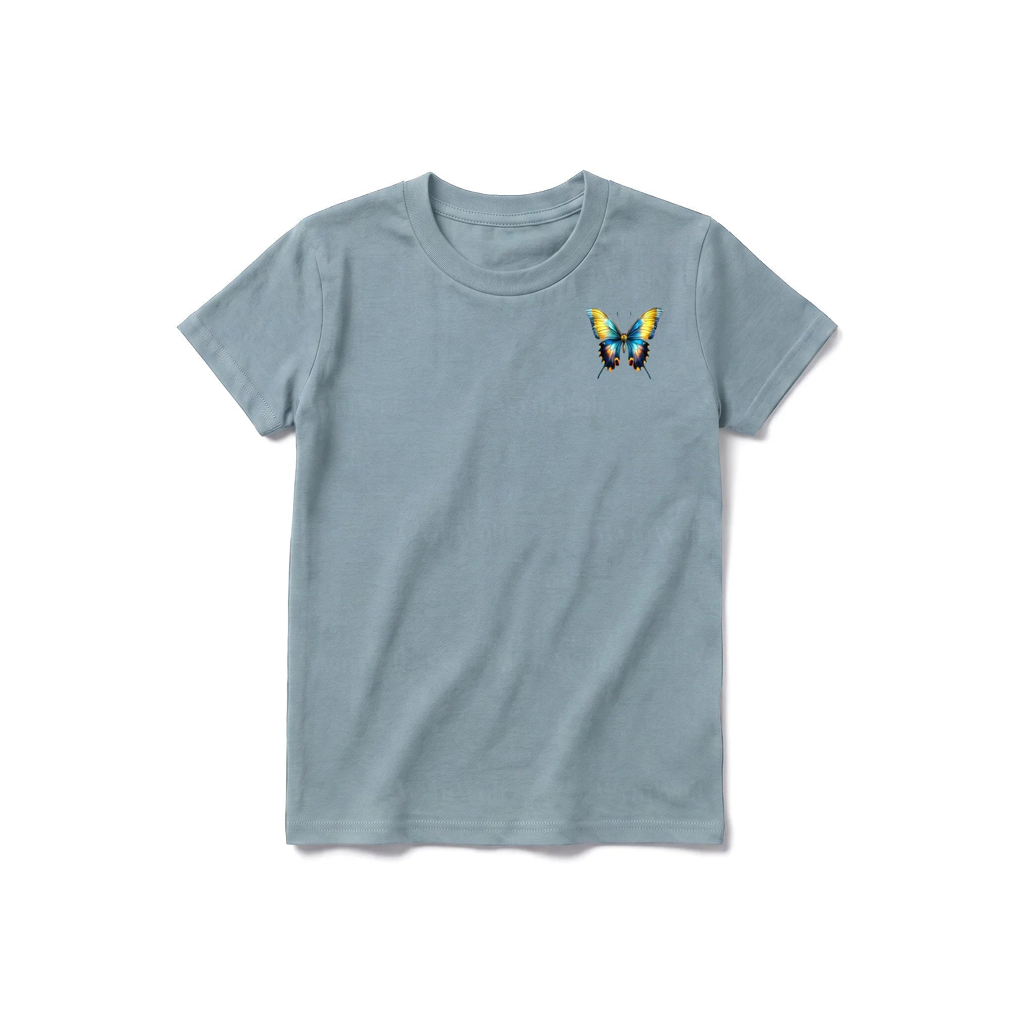 Un T-shirt sauge à manches courtes et col rond pour jeune, orné d'un motif représentant un arthropode sur la poitrine gauche.