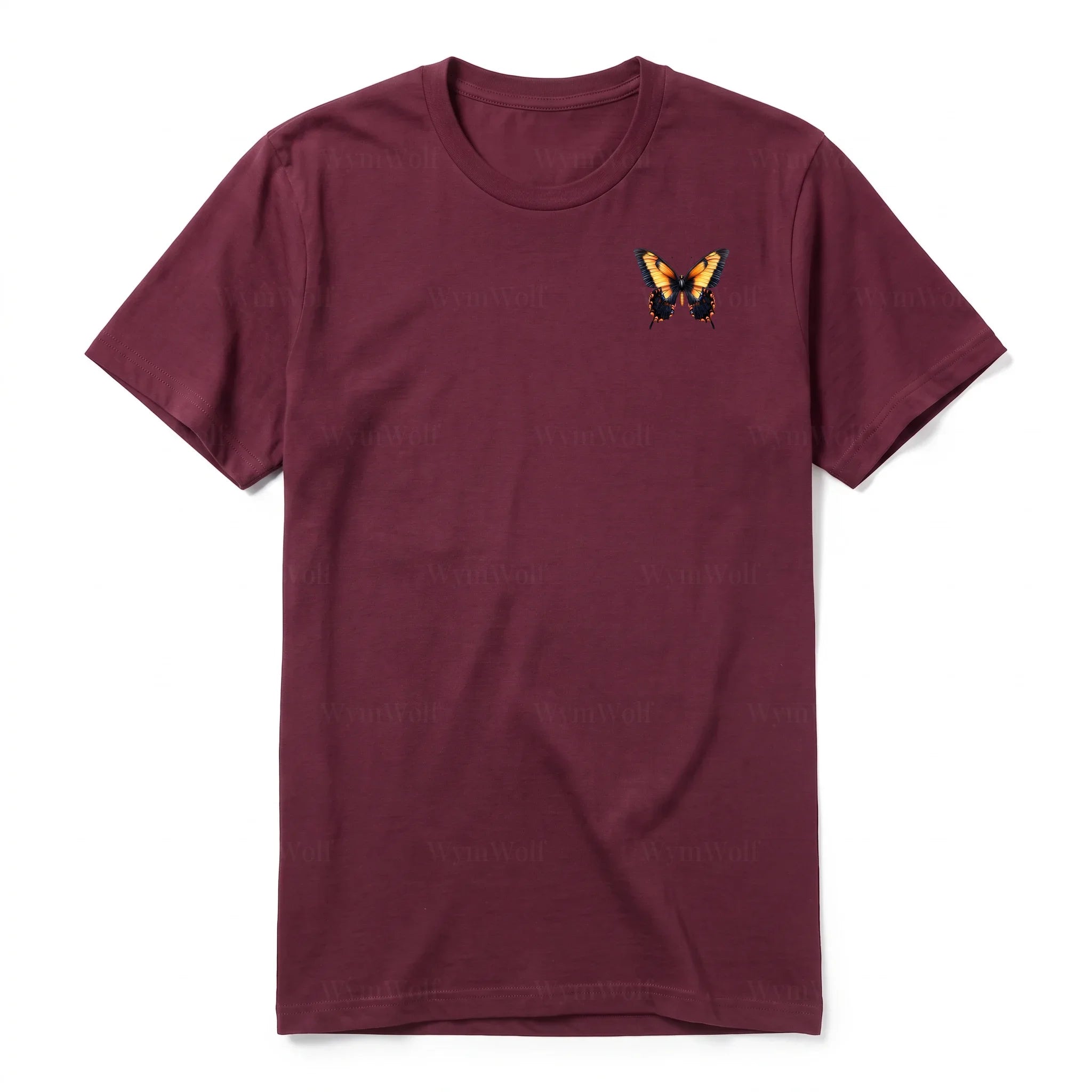 A maroon short-sleeve crewneck t-shirt for adult featuring a graphic of a arthropods animal on the left chest.