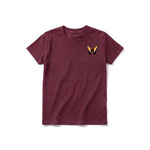 A maroon short-sleeve crewneck t-shirt for youth featuring a graphic of a arthropods animal on the left chest.