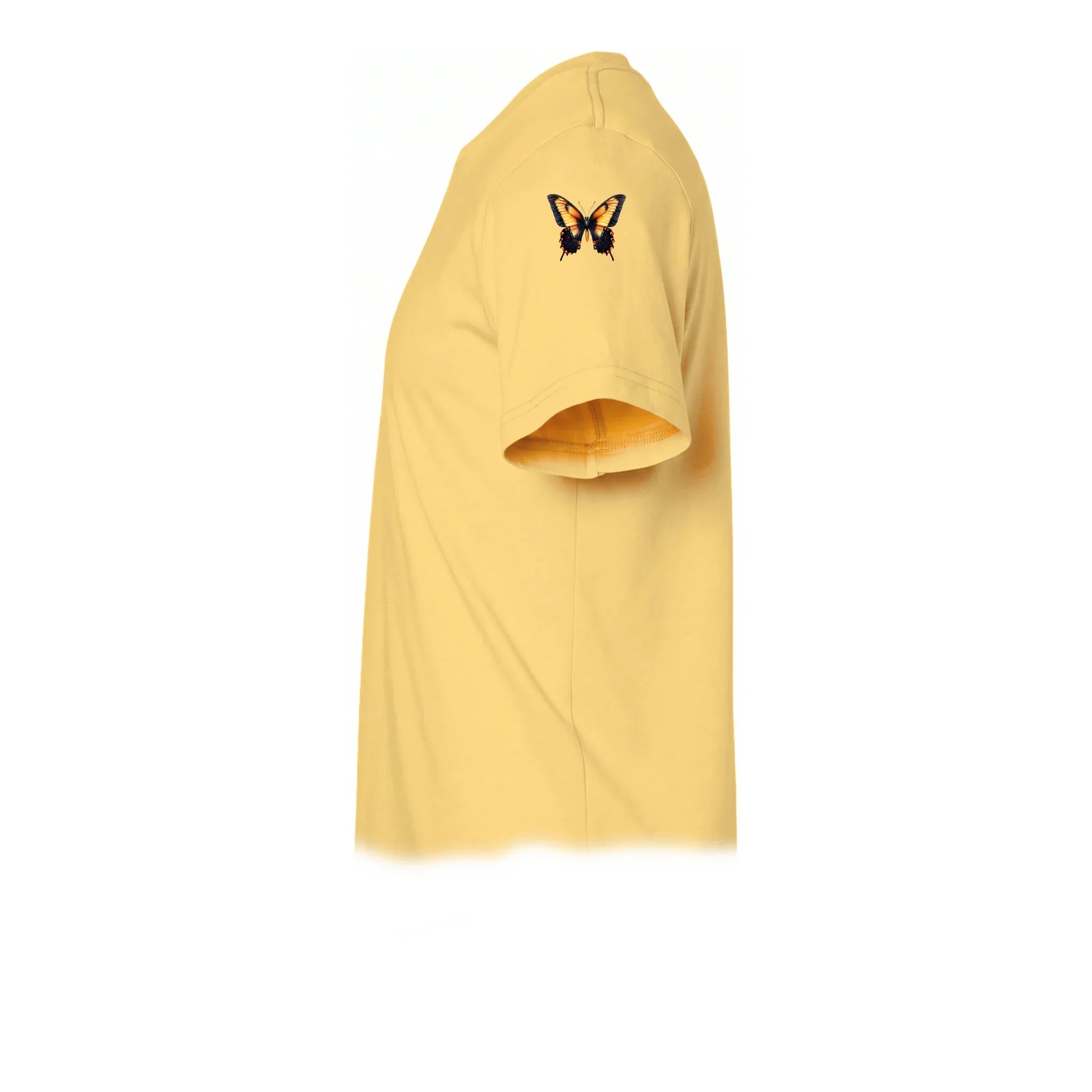 A mustard short-sleeve crewneck t-shirt  featuring a small graphic of a arthropods animal on the upper left sleeve.