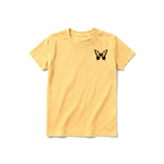 A mustard short-sleeve crewneck t-shirt for youth featuring a graphic of a arthropods animal on the left chest.