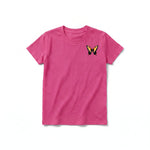 A raspberry short-sleeve crewneck t-shirt for youth featuring a graphic of a arthropods animal on the left chest.